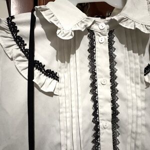 Alice Blue White Blouse with Black Lace Trim